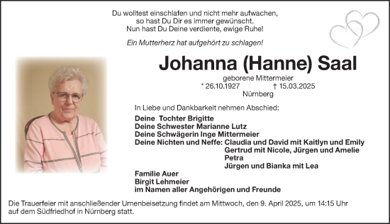 Traueranzeige von Johanna Saal von Gesamtausgabe Nürnberger Nachrichten/ Nürnberger Ztg.