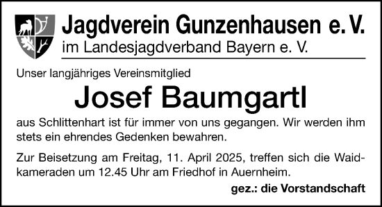 Traueranzeige von Josef Baumgartl von Altmühl-Bote Lokal