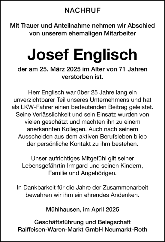 Traueranzeige von Josef Englisch von Neumarkter Nachrichten Lokal