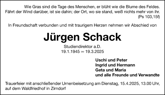 Traueranzeige von Jürgen Schack von Fürther Nachrichten Lokal