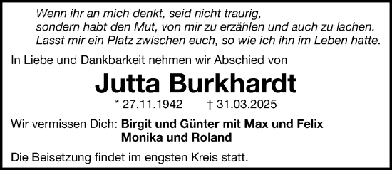 Traueranzeige von Jutta Burkhardt von Gesamtausgabe Nürnberger Nachrichten/ Nürnberger Ztg.