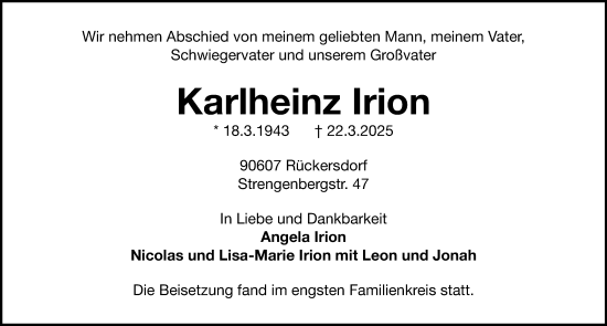 Traueranzeige von Karlheinz Irion von Gesamtausgabe Nürnberger Nachrichten/ Nürnberger Ztg.