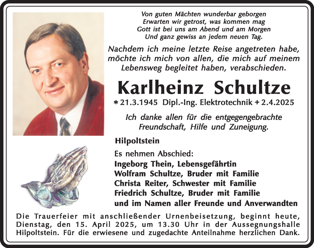  Traueranzeige für Karlheinz Schultze vom 15.04.2025 aus Roth-Hilpoltsteiner Volkszeitung Lokal