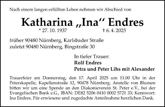 Traueranzeige von Katharina Endres von Gesamtausgabe Nürnberger Nachrichten/ Nürnberger Ztg.