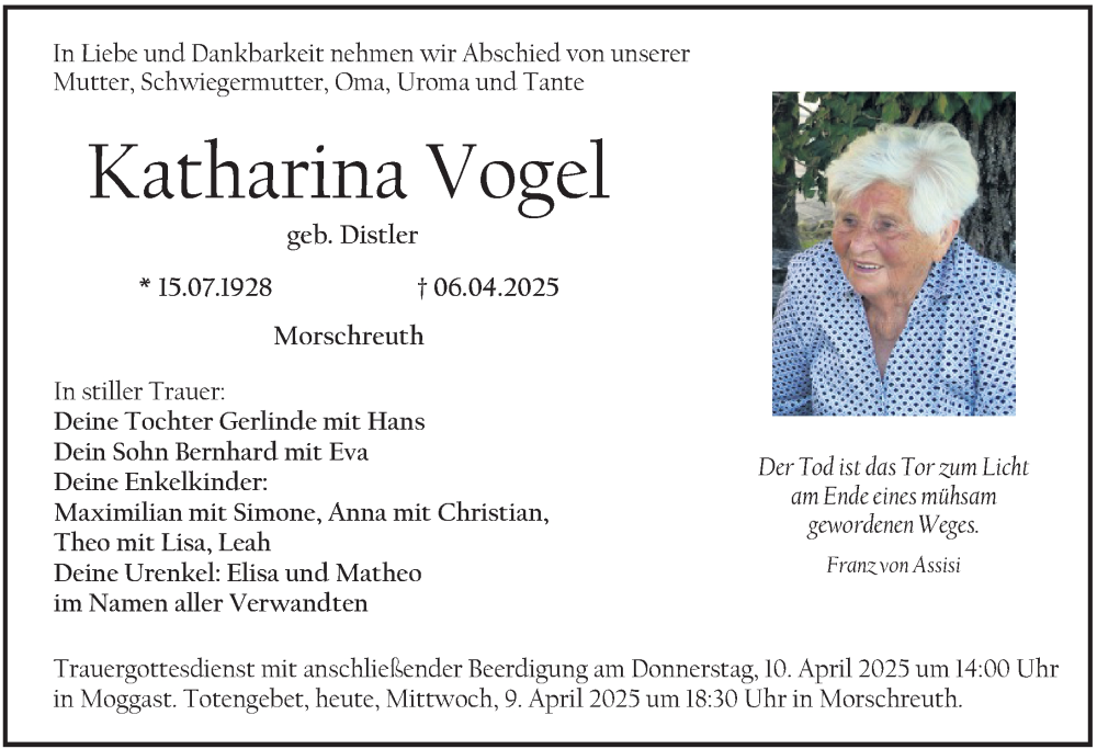  Traueranzeige für Katharina Vogel vom 09.04.2025 aus Nordbayerische Nachrichten Forchheim Lokal