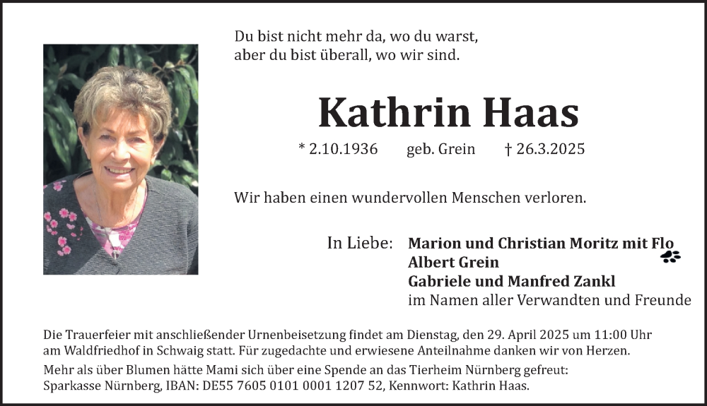 Traueranzeige für Kathrin Haas vom 26.04.2025 aus Gesamtausgabe Nürnberger Nachrichten/ Nürnberger Ztg.