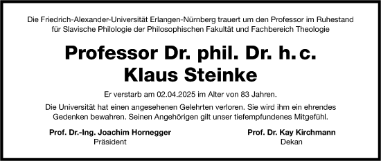 Traueranzeige von Klaus Steinke von Erlanger Nachrichten Lokal