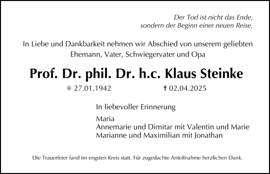 Traueranzeige von Klaus Steinke von Erlanger Nachrichten Lokal
