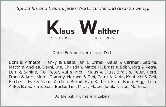 Traueranzeige von Klaus Walther von Erlanger Nachrichten Lokal