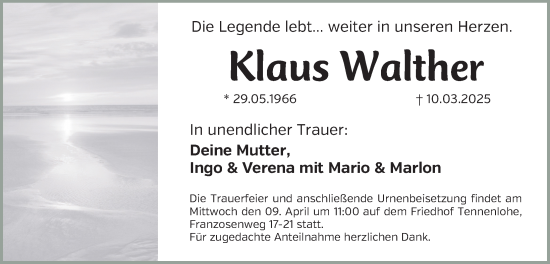 Traueranzeige von Klaus Walther von Erlanger Nachrichten Lokal