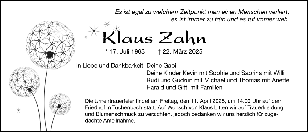  Traueranzeige für Klaus Zahn vom 05.04.2025 aus Fürther Nachrichten Lokal