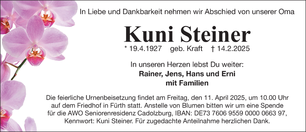  Traueranzeige für Kuni Steiner vom 05.04.2025 aus Fürther Nachrichten Lokal