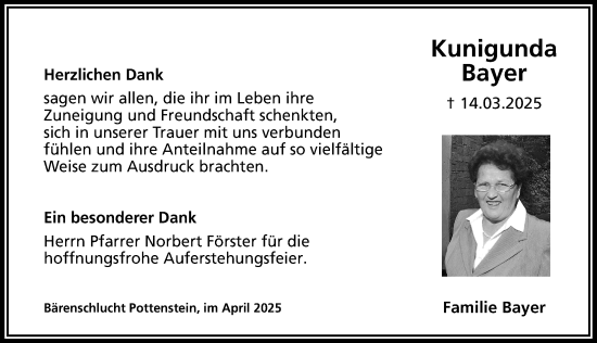 Traueranzeige von Kunigunda Bayer von Nordbayerische Nachrichten Pegnitz Lokal