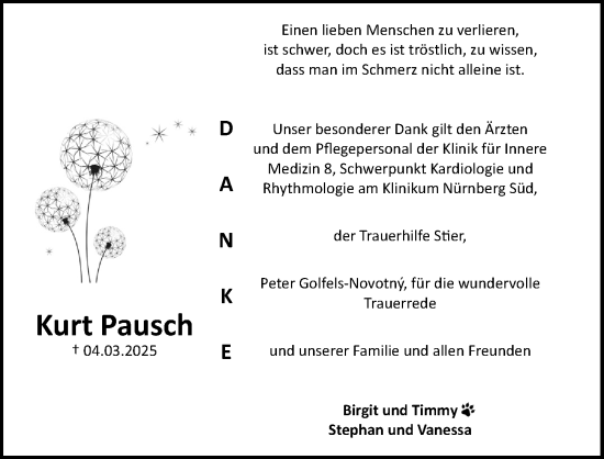 Traueranzeige von Kurt Pausch von Gesamtausgabe Nürnberger Nachrichten/ Nürnberger Ztg.
