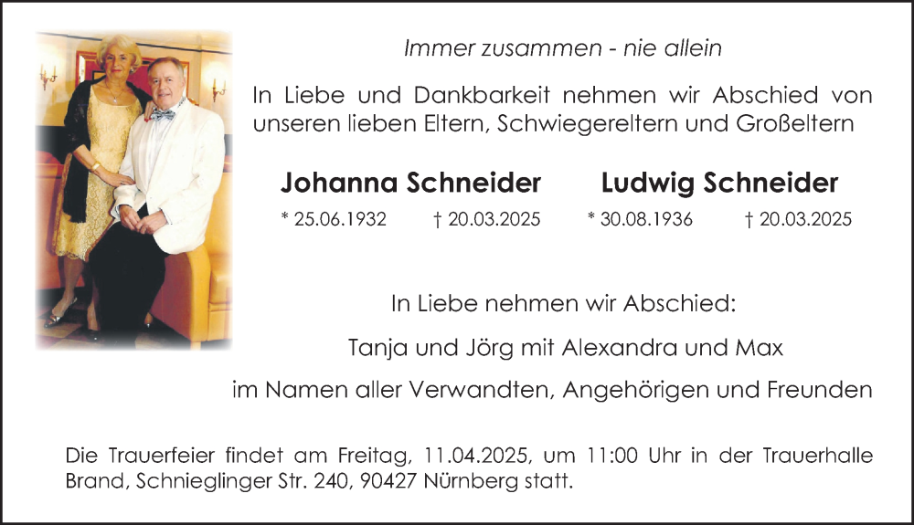 Traueranzeige für Ludwig Schneider vom 05.04.2025 aus Gesamtausgabe Nürnberger Nachrichten/ Nürnberger Ztg.