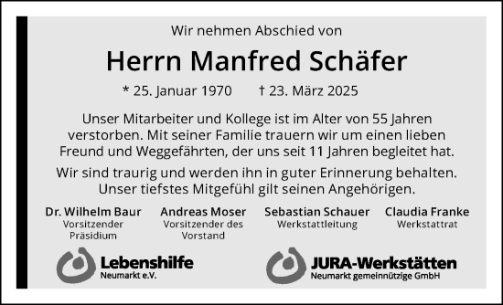 Traueranzeige von Manfred Schäfer von Neumarkter Nachrichten Lokal