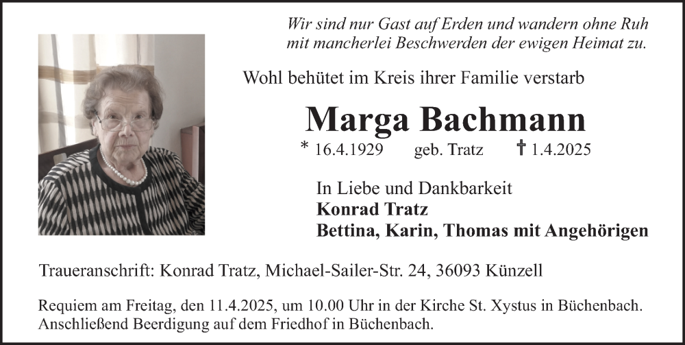  Traueranzeige für Marga Bachmann vom 05.04.2025 aus Erlanger Nachrichten Lokal
