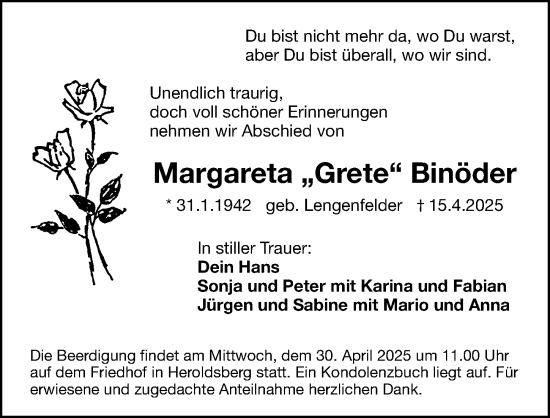 Traueranzeige von Margareta Binöder von Gesamtausgabe Nürnberger Nachrichten/ Nürnberger Ztg.