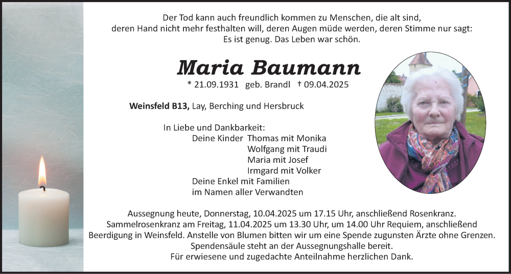  Traueranzeige für Maria Baumann vom 10.04.2025 aus Roth-Hilpoltsteiner Volkszeitung Lokal