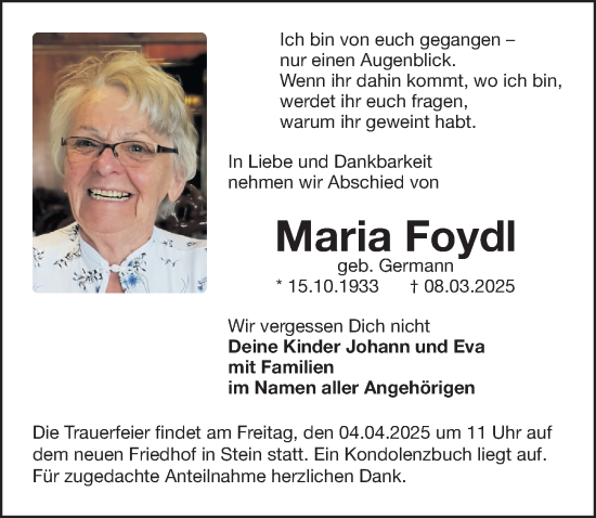 Traueranzeige von Maria Foydl von Gesamtausgabe Nürnberger Nachrichten/ Nürnberger Ztg.