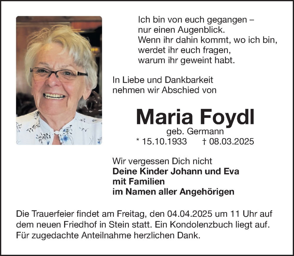  Traueranzeige für Maria Foydl vom 02.04.2025 aus Gesamtausgabe Nürnberger Nachrichten/ Nürnberger Ztg.