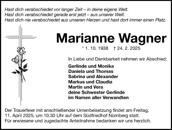 Traueranzeige von Marianne Wagner von Gesamtausgabe Nürnberger Nachrichten/ Nürnberger Ztg.