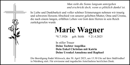 Traueranzeige von Marie Wagner von Gesamtausgabe Nürnberger Nachrichten/ Nürnberger Ztg.