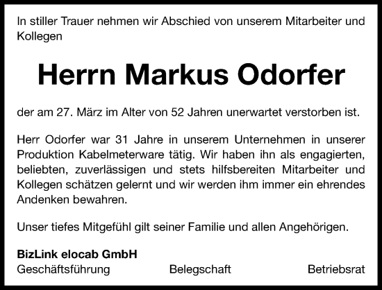 Traueranzeige von Markus Odorfer von Roth-Hilpoltsteiner Volkszeitung Lokal