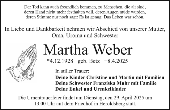 Traueranzeige von Martha Weber von Gesamtausgabe Nürnberger Nachrichten/ Nürnberger Ztg.