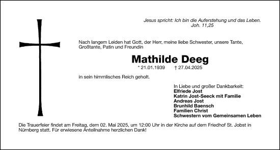 Traueranzeige von Mathilde Deeg von Gesamtausgabe Nürnberger Nachrichten/ Nürnberger Ztg.