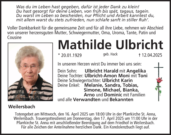 Traueranzeige von Mathilde Ulbricht von Nordbayerische Nachrichten Forchheim Lokal