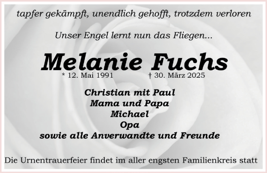 Traueranzeige von Melanie Fuchs von Schwabacher Tagblatt Lokal