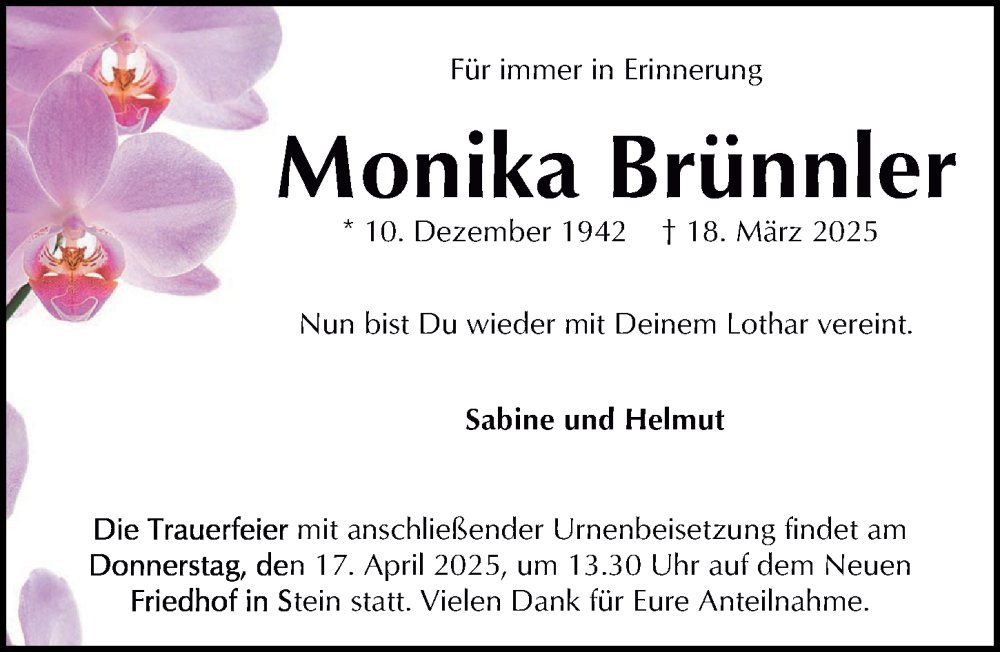  Traueranzeige für Monika Brünnler vom 05.04.2025 aus Fürther Nachrichten Lokal
