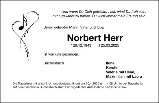 Traueranzeige von Norbert Herr von Gesamtausgabe Nürnberger Nachrichten/ Nürnberger Ztg./ Roth-Hilpoltsteiner Volkszeitung