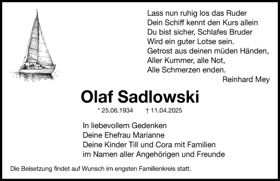 Traueranzeige von Olaf Sadlowski von Nordbayerische Nachrichten Forchheim Lokal
