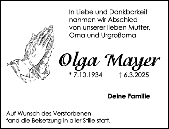 Traueranzeige von Olga Mayer von Gesamtausgabe Nürnberger Nachrichten/ Nürnberger Ztg.