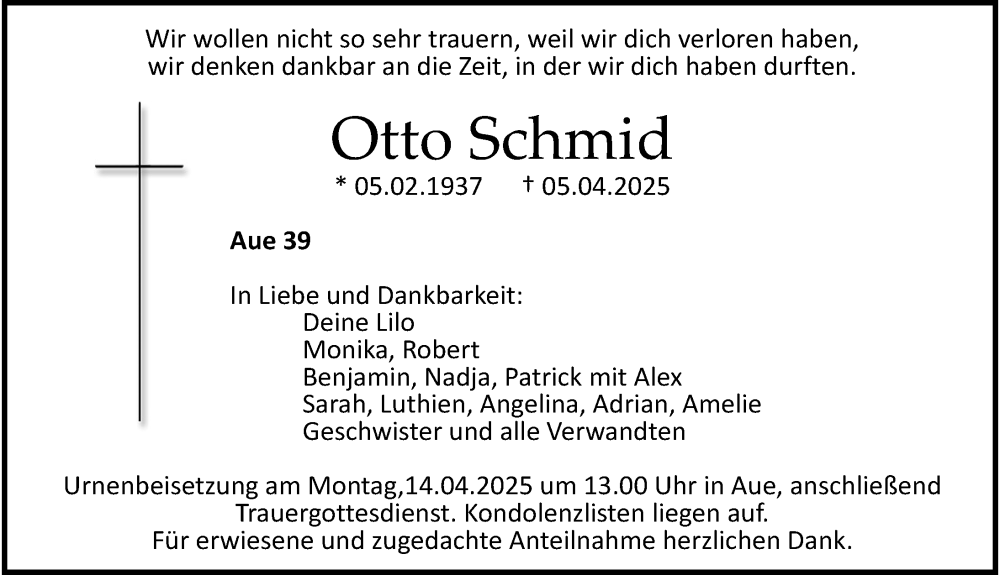  Traueranzeige für Otto Schmid vom 12.04.2025 aus Roth-Hilpoltsteiner Volkszeitung Lokal