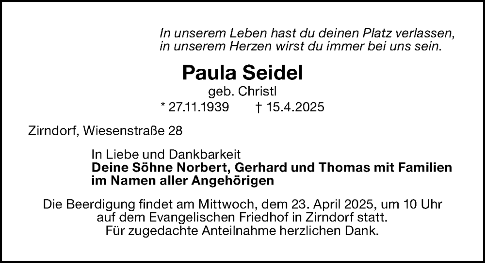 Traueranzeige für Paula Seidel vom 19.04.2025 aus Fürther Nachrichten Lokal