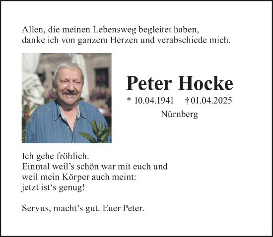 Traueranzeige von Peter Hocke von Gesamtausgabe Nürnberger Nachrichten/ Nürnberger Ztg.