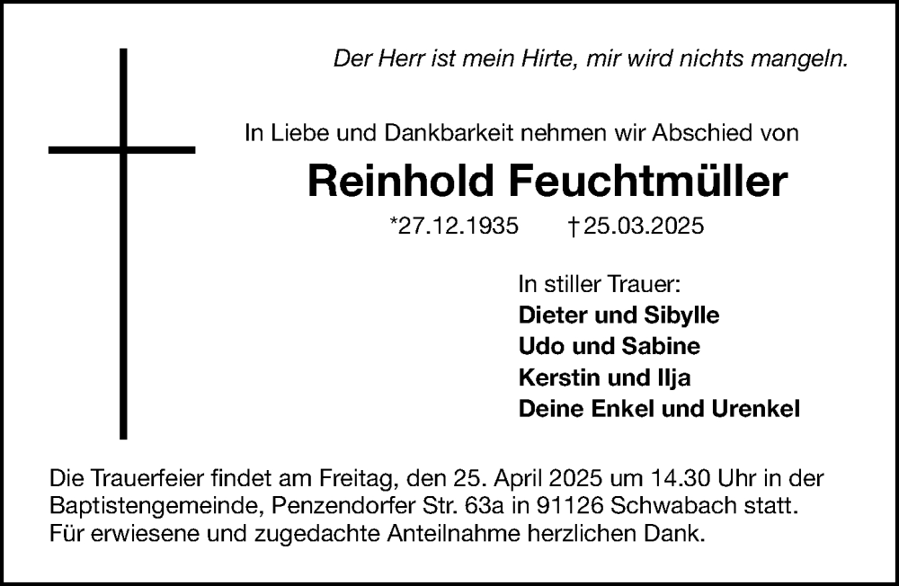 Traueranzeige für Reinhold Feuchtmüller vom 12.04.2025 aus Gesamtausgabe Nürnberger Nachrichten/ Nürnberger Ztg.