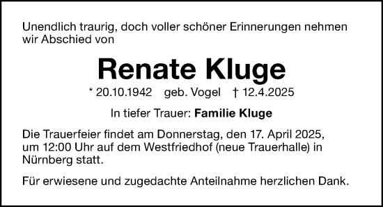 Traueranzeige von Renate Kluge von Gesamtausgabe Nürnberger Nachrichten/ Nürnberger Ztg.