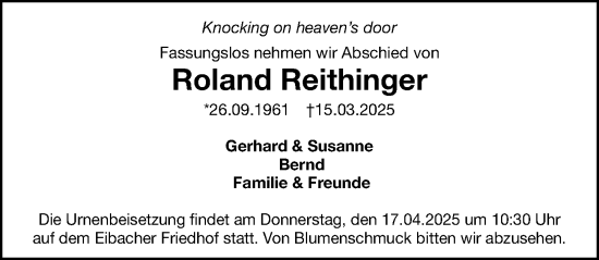Traueranzeige von Roland Reithinger von Gesamtausgabe Nürnberger Nachrichten/ Nürnberger Ztg.