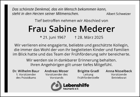 Traueranzeige von Sabine Mederer von Neumarkter Nachrichten Lokal