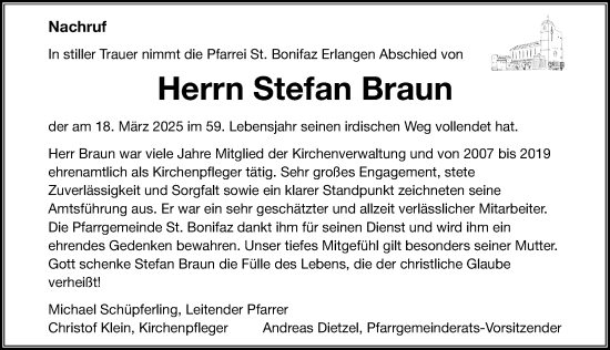 Traueranzeige von Stefan Braun von Erlanger Nachrichten Lokal