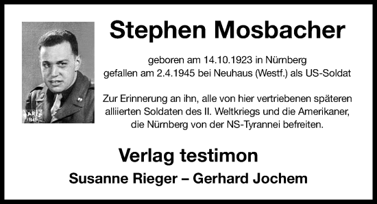 Traueranzeige von Stephen Mosbacher von Gesamtausgabe Nürnberger Nachrichten/ Nürnberger Ztg.