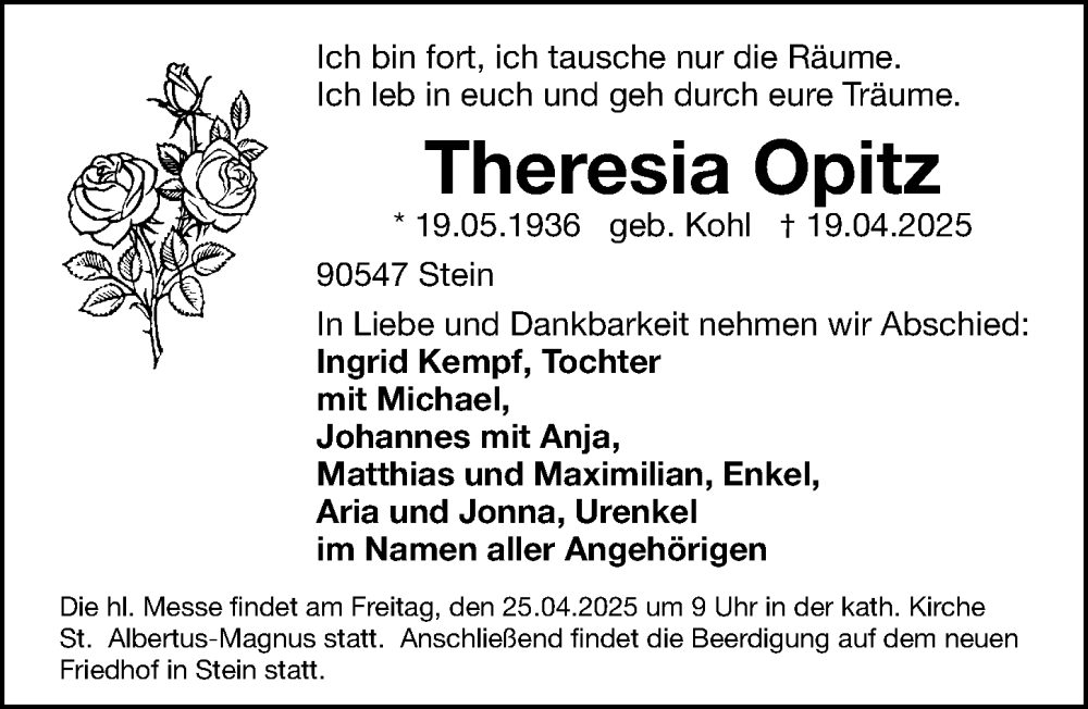  Traueranzeige für Theresia Opitz vom 23.04.2025 aus Gesamtausgabe Nürnberger Nachrichten/ Nürnberger Ztg.