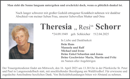 Traueranzeige von Theresia Schorr von Nordbayerische Nachrichten Forchheim Lokal