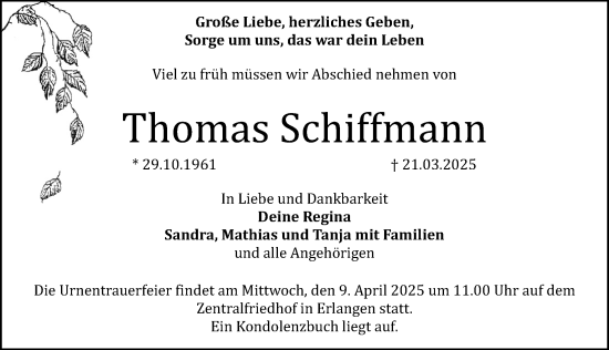 Traueranzeige von Thomas Schiffmann von Erlanger Nachrichten Lokal