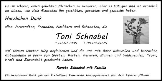 Traueranzeige von Toni Schnabel von Nordbayerische Nachrichten Herzogenaurach Lokal
