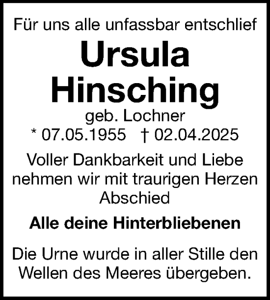 Traueranzeige von Ursula Hinsching von Gesamtausgabe Nürnberger Nachrichten/ Nürnberger Ztg.